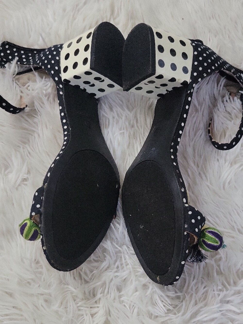 Betsey Johnson Black Polka Dot Pom-Pom Ankle Strap Heels - Picture 5 of 5